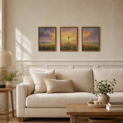 Religious Canvas Wall Art 3Pcs Framed Sunset Cross Landscape 16x12 Inch Cross Sunset 023 16"L x 12"W