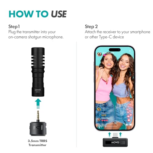 Movo VXR10 Shotgun Mic with WM-VXR10 Wireless USB-C Microphone Adapter and Tripod - for USB-C Devices Including iPhone 15+, iPad, Computer, Android, and More USB Type-C