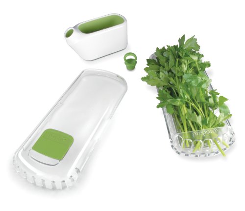 Clear Prepara Herb Savor food jar for fresh herbs, featuring a compact, transparent design ideal for kitchen storage.
