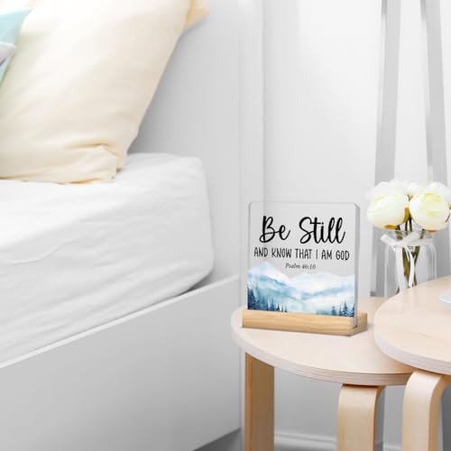 Inspirational Christian Desk Sign Gifts for Men Women - Bible Verse Decor - Be Still and Know That I Am God Psalm 46:10 Religious Acrylic Sign Desk Plaque Home Office Living Room Decor