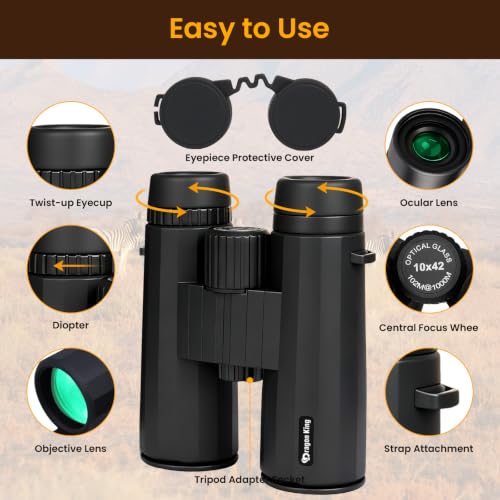 BIBIRE 10x42 Binoculars for Adults, High Powered Compact Binoculars Black