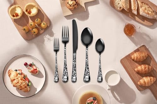 XIAOYU 20-Piece Bizarre Flatware Set, Gothic Skull Silverware Set for 4, Skeleton Flower Unique Pattern Design, Knives/Forks/Spoons Cutlery Set Halloween Event Tableware Utensils, Black