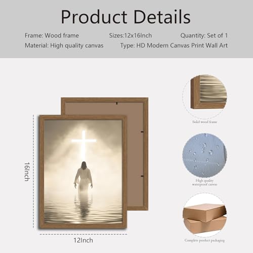 Framed Jesus Christ Walking on Water with Cross Canvas Wall Art, Spiritual Religious Picture, Inspirational Home Décor, Christian Artwork for Living Room, Office, Church 12x16in 12x16 Inches