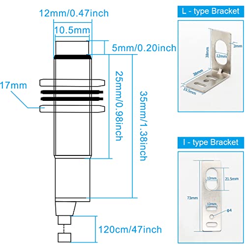 Proximity Sensor Inductive 4 mm, M12 Detection Distance Inductive Proximity Switch NPN NO Closer, 3D Printer LJ12A3-4-Z/BY Sensing DC 6-36V for MCU, Pack of 2