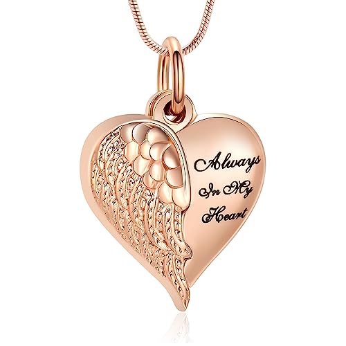 Cremation Jewelry Angel Wing Stainless Steel Heart Urn Necklaces for Ashes Memorial Keepsake Pendant for Women Men Rose Gold