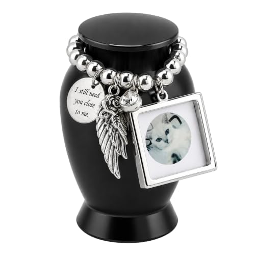 Small Keepsake Cremation Urn for Human or Pet Ashes, 2.75" Mini Memorial Urn with Photo Frame, Velvet Bag and Filling Spoon, Small Sharing Urn for Ashes, Black