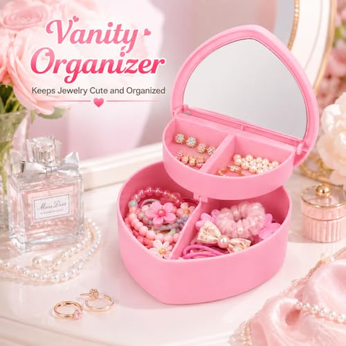 Cabilock 4-Pack Pink Heart Jewelry Box for Girls with Mirror, Double Layer
