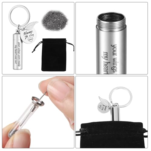 Fanshiontide Cremation Jewelry Urn Keychain for Ashes, Cylinder Memorial Angel Wing Keepsake Urn Key Chain Stainless Steel for Human Pet Ashes Silver