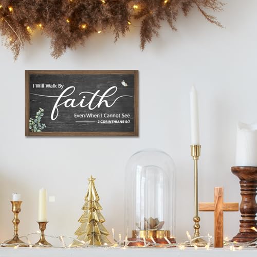 I Will Walk By Faith Wooden Box Sign Decor,2 Corinthians 5:7 Scripture Religious 10.3x6 Inches Wood Block Prayer Sign for Christian Home Office Shelf Wall Decor 2 Corinthians 5:7