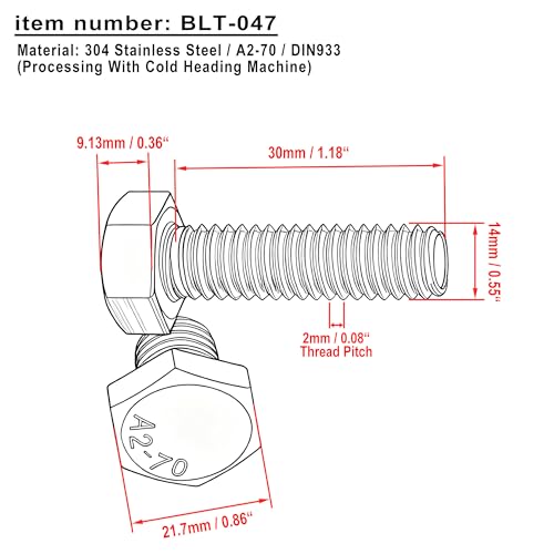 Pack of 5 M14x30mm 304 stainless steel hex head cap screws with 2mm thread pitch by MARO MEGASTORE