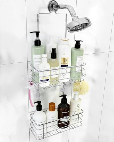 Hanging Shower Caddy, Stainless Steel, 2-Tier Bathroom Organizer Rack over Shower Head with 2 Hooks for Razor and Sponge