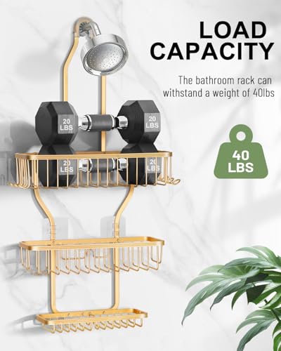 Shower Caddy Hanging - Never Rust Shower Hanging Organizer - Aluminum Over the ShowerHead Caddy with Soap Basket and 6 Razor/Sponge Hooks (Gold) Gold