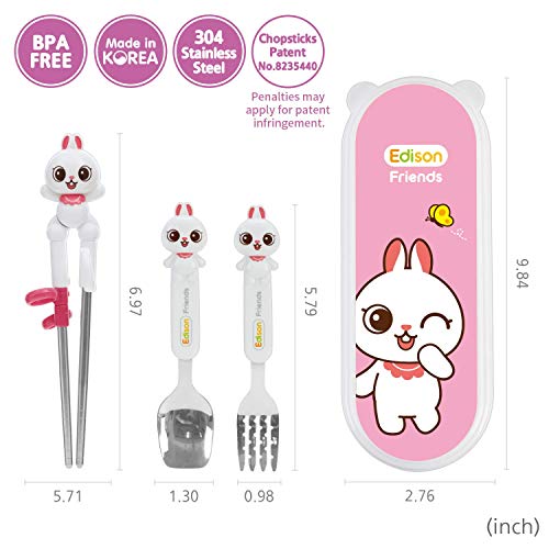 Rabbit Stainless Steel Chopsticks, Spoon, Fork and Case 4 Set, Chopsticks Training, Beginner, Brain Training (White Rabbit) Right Handed/Made in Korea
