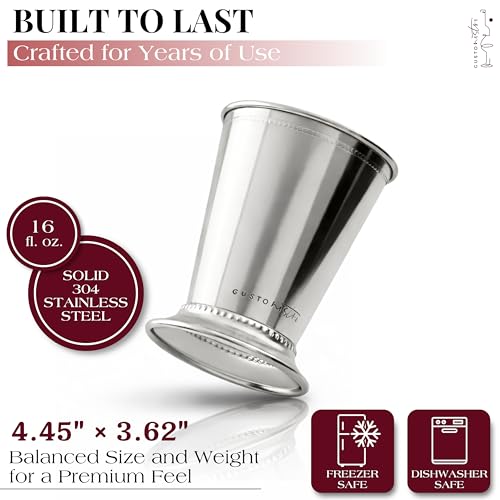 Gusto Nostro Mint Julep Cups Set of 2 - Stainless Steel Julep Cup Kit with Straws, Muddler, Spoon,Recipes, Vases - Southern-style Cocktail Glasses for Home Bar - Stainless Steel Cocktail Cups (Silver) Silver