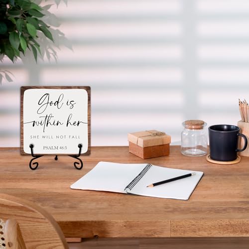 God Is Within Her She Will Not Fall Wooden Sign Decor, Psalm 46:5 Scripture Plaque, Rustic Wooden Plaque Sign With Iron Stand, Christian Home Office Restroom Desk Shelf Decorations