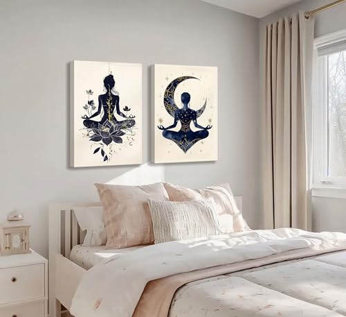 QGJQCFY 2Pcs Celestial Yoga Lotus Moon Canvas Wall Art 12"L x 16"W