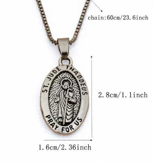 Royal Swan Antique Silver St Jude Thaddeus Medal Necklace, Patron Saint Pendant, 60cm Sterling Silver Plated Box Chain, Christian Jewelry with Velvet Gift Bag. Medal 28x16mm.