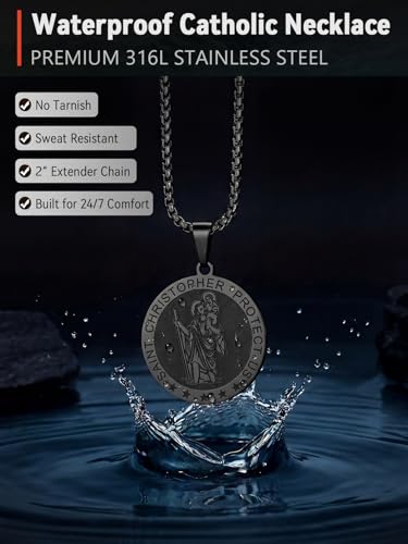 FaithHeart St Christopher Necklace for Men, Personalised Saint Christopher Pendant Catholic Jewellery Stainless Steel/Gold/Black, Patron Saints of Travellers Christening Gifts for Boys Child 02.coin-black
