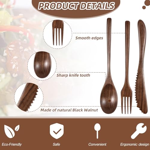 Geiserailie 12-piece wooden utensil set with walnut wood spoons, forks, and knives for serving and dining.