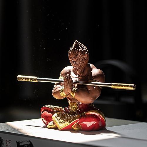 Sun Wukong Statue, Ceramic Monkey King Buddha Monk Figurine, 5.5" H Red