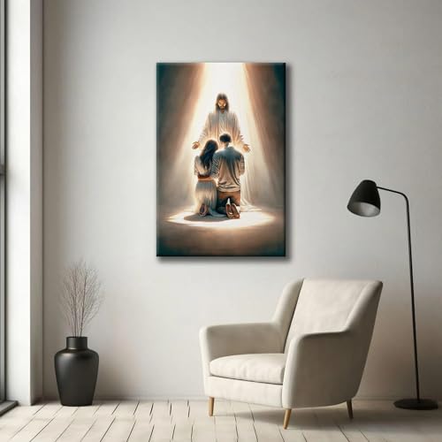 Framed Jesus canvas print wall art for couples seeking Jesus guidance in marriage Christian spiritual motivational poster living room prayer room home art decor 24x36in Ready to Hang Jesus prays