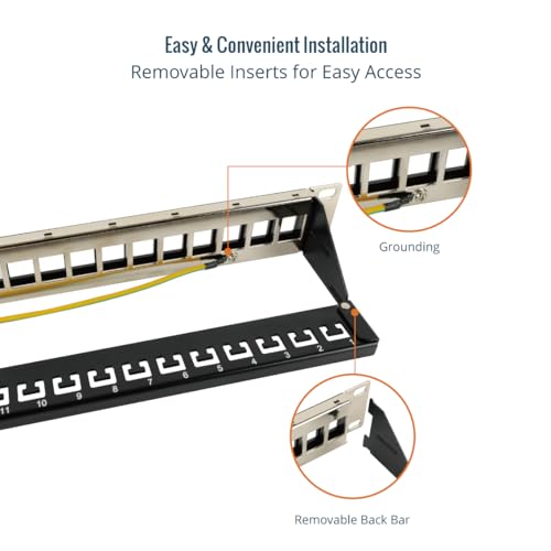 Tecmojo 19 Inch Patch Panel with 24 Ports, Empty, Suitable for Shielded and Unshielded Keystone Module Sockets, with Rear Cable Management, Black (19" Patch Panel with 24 Ports)