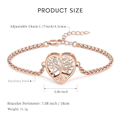 shajwo Tree of Life Heart Urn Bracelet for Ashes for Women Rose Gold