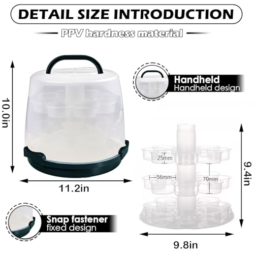 Cake Carrier Round Cake Stand Plus Height Cake Container with Cupcakes Pad, Handle, Lid Reusable Package Box for Transporting Desserts,Pie,Toast,Fruit (10" Black) 10" Black