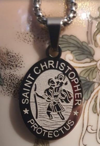 Royal Swan St. Christopher Medal Necklace, 316 Stainless Steel on a 24'' Stainless Steel Box Chain in a Velvet Gift Bag. Saint Christopher Traveller Protection Pendant.