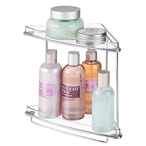 mDesign Steel/Plastic Freestanding Countertop Corner Shelf Organizer with 2-Tier Storage for Bathroom, Vanity, Cabinet, Counter - Holds Makeup, Bath Gel - Prism Collection - Clear Pack of 1