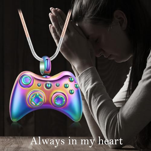 Game Controller Urn Necklace for Ashes Cremation Jewelry Stainless Steel GamePad Pendant Memorial Necklaces Ash Holder for Human Pets Keepsake Jewelry for Loved Ones with Fill Tool Rainbow