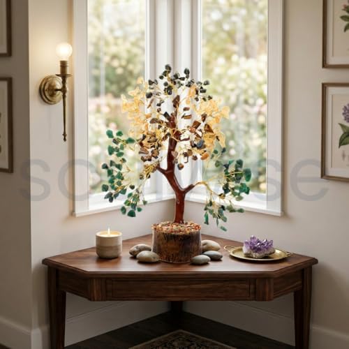 SOULWISE Dhanyog Crystal Tree Money Magnet for Wealth & Prosperity – Natural Citrine, Pyrite, Tiger Eye, Green Jade & Aventurine Gemstone Tree – Vastu & Feng Shui Bonsai Decor for Home & Office