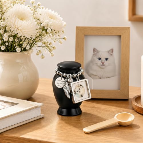 Small Keepsake Cremation Urn for Human or Pet Ashes, 2.75" Mini Memorial Urn with Photo Frame, Velvet Bag and Filling Spoon, Small Sharing Urn for Ashes, Black