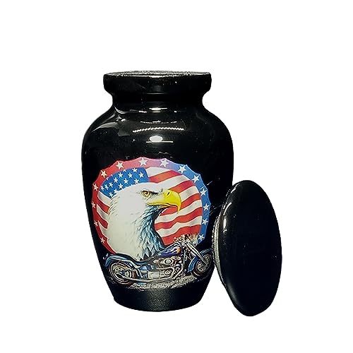 UR Keepsake Urn –US Flag Eagle with Bike Keepsake Cremation Urn for Human Ashes with Velvet Box & Velvet Bag-Mini Urn - Affordable Keepsake Urn (3 cu.in)