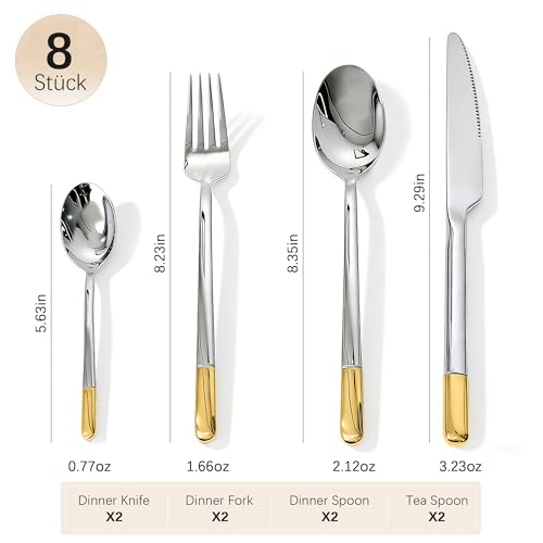 Silverware Set Service for 2, IKXO 8-Piece Modern Stainless Steel Flatware Cutlery Set, Dinnerware sets Include Fork Knife and Spoon Set, Mirror Polished Gold and Silver 2 people, 8 items