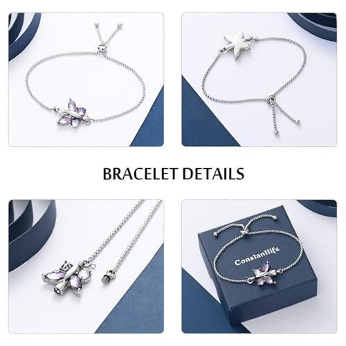 constantlife Crystal Butterfly Cremation Bracelet for Ashes for Women Stainless Steel Pendant Urn Keepsake Adjustable Wristband Bangle Memorial Jewelry Gift Purple