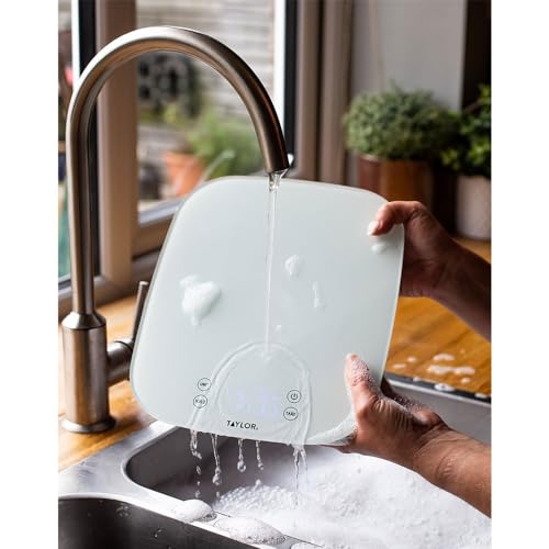 Taylor Pro Digital Kitchen Food Scales, Compact Professional Standard with Precision Accuracy and Waterproof Design with Tare Feature, White Glass, Weighs 14 kg/14 L Capacity Scale