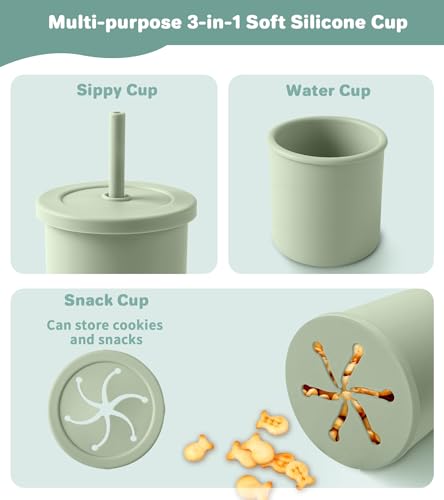Silicone Baby Feeding Set, BPA Free Baby Dishes Set with Suction Bowl Divided Plate, Adjustable Bib, Soft Spoons and Forks, Cup, Travel Bag, BPA-free, Microwave and Dishwasher Safe, 6 month+ (Green) Dark Green