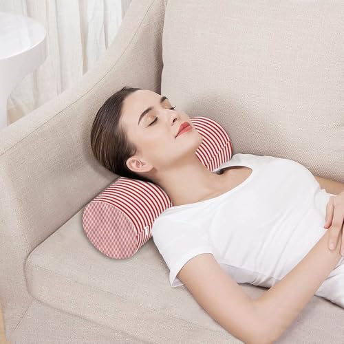 Red White Stripes Neck Roll Pillow - Extra Dense Memory Foam Round Cylinder Bolster for Cervical Support, Spondylosis, Neck Pain Relief Red Stripes