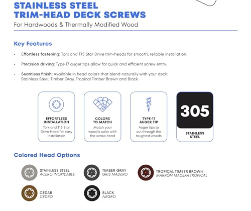 US4 #8 x 2-inch timber gray wood screws with trim head and T15 star drive, 305 stainless steel, 350 count