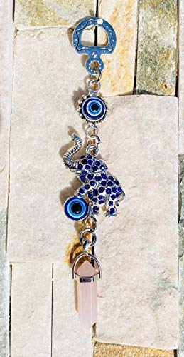 LUCKBOOSTIUM Happy Elephant Pendant with Blue, White & Black Evil Eye Car Hanging Ornament & Charm Gem Stone - Rear View Mirror Accessories - Home & Personal Charms Pink Crystal