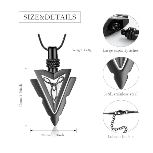 Arrow Head Urn Necklace for Ashes Cremation Jewelry Stainless Steel Arrowhead Pendant Memorial Necklaces Ash Holder Keepsake Jewelry for Loved Ones with Fill Tool Black