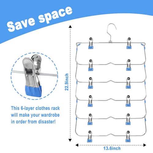Skirt Pants Hangers with Clips,6Tier Skirt Hangers Space Saving,Metal Multi Pants Hangers and Storage Multi Clothes Shorts Hanger Organization,Space Saving Hangers with Clips (Blue, 4-Piece Set) Blue