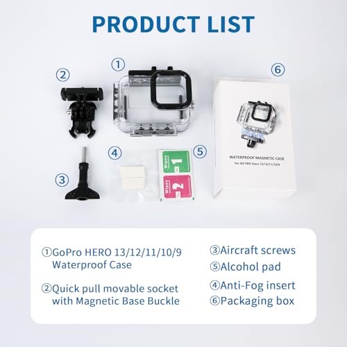Waterproof Diving Housing for GoPro HERO13/12/11/10/9 Black - 196FT/60M Underwater Case with Magnetic Latch Mount, Protective Underwater Diving Housing Shell Accessories Plastic Case with Magnetic Latch Mount GoPro HERO13-9 Black