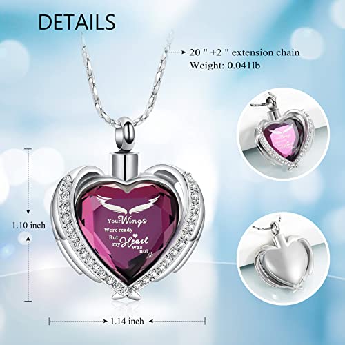 Imrsanl Cremation Jewelry for Ashes Pendant - Crystal Heart Urn Necklace with Mini Keepsake Urn Memorial Ash Jewelry Wings-Purple