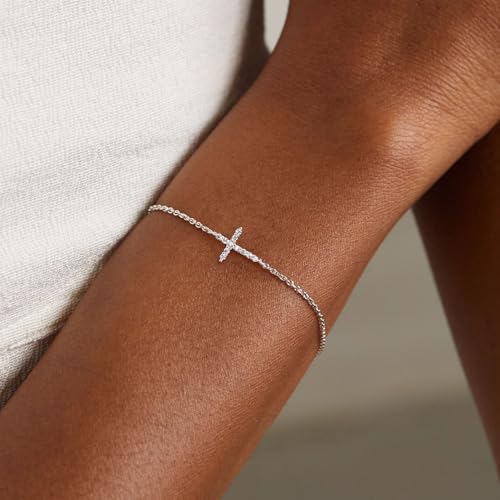 Moodear Cross Bracelet for Women, Dainty Sterling Silver/Gold Plated Gift CZ Silver Cross Bracelet