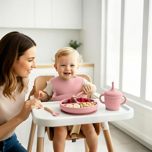 Silicone Baby Feeding Set, 14PCS, Baby plates and bowls Set - Silicone Bibs Pink