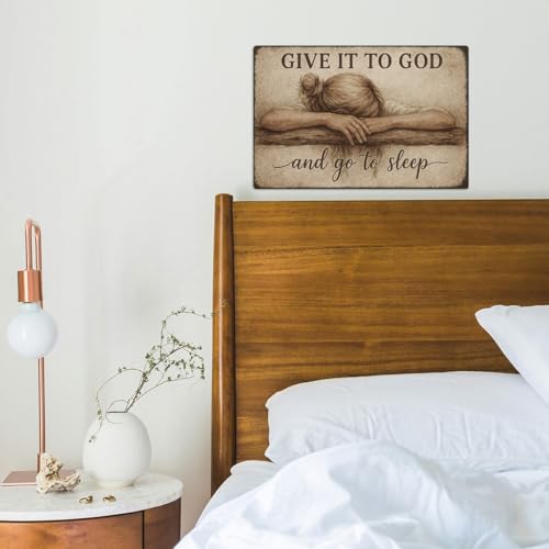 Above Bed Wall Decor for Bedroom - Give It to God and Go to Sleep Sign - Rustic Christian Metal Wall Art 8x12 Inch - Serenity Prayer Inspired Faith Sign for Over Bed or Prayer Room