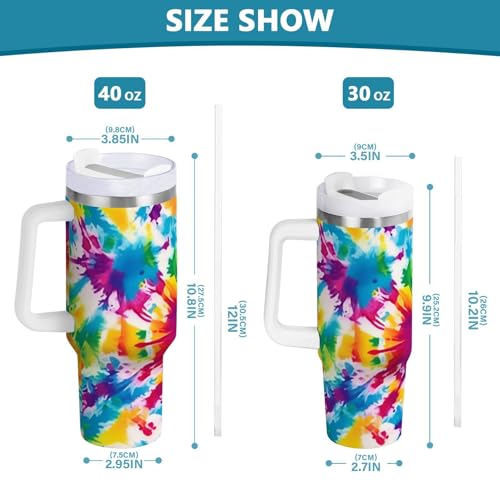 JIPONI 40 oz Tumbler with Handle & Straw, Rainbow Tie Dye Water Bottle, Stainless Steel Vacuum Insulated Travel Mug, BPA-Free, Travel Bottle fit in Car Cup Holder Tiedye 40 Ounces