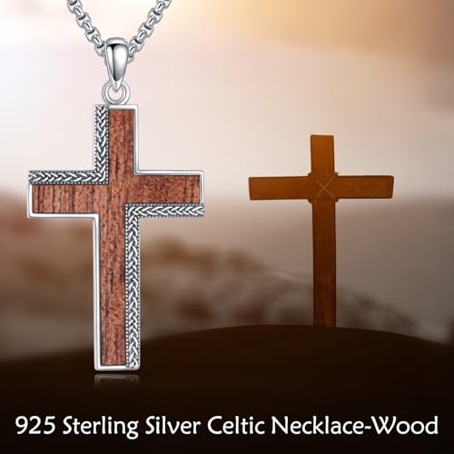 Celtic Cross Necklace Sterling Silver Wood Cross Pendant Celtic Knot Necklace Religious Jewelry Gifts for Men